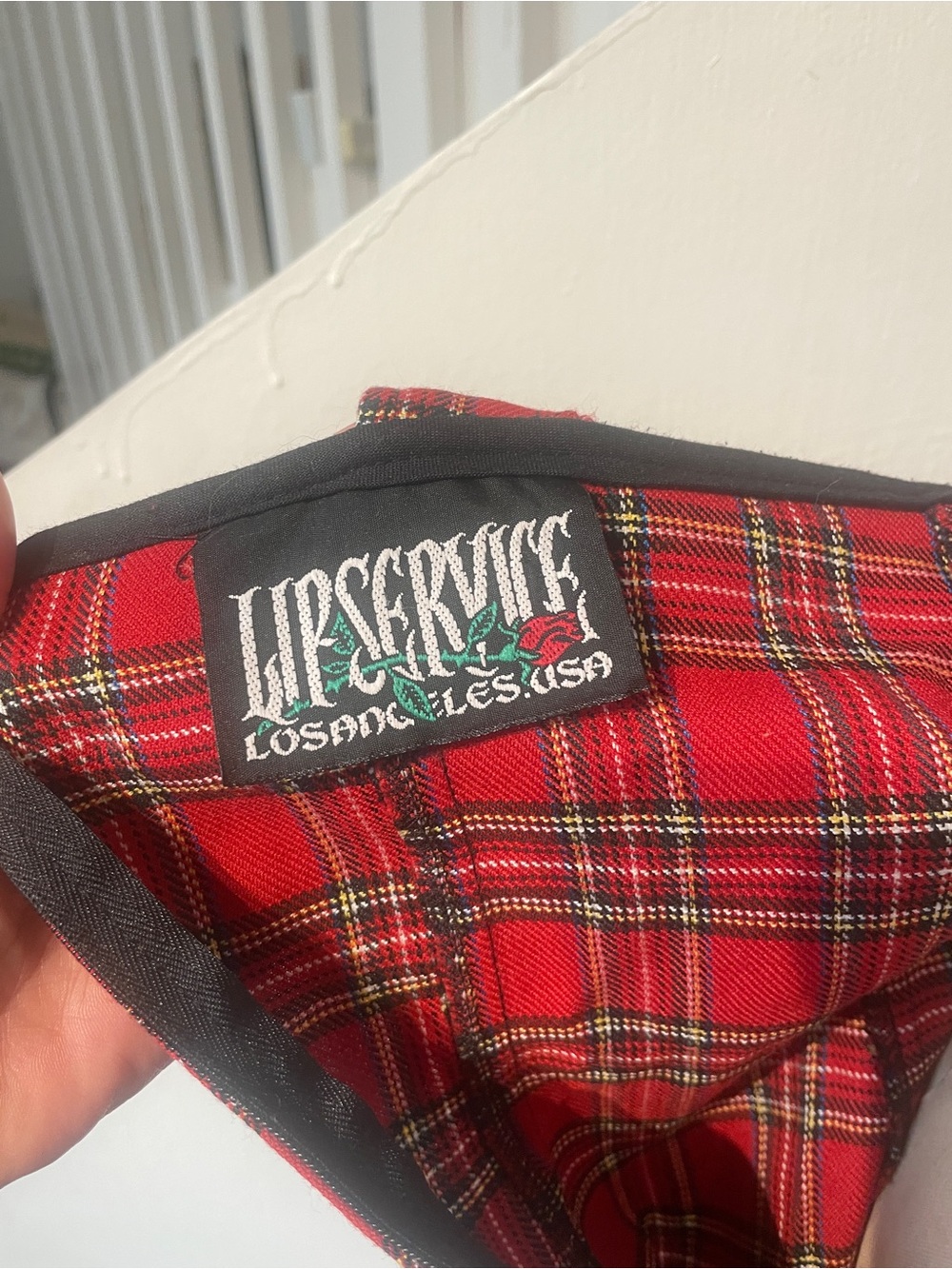 Genuine vintage Lip Service punk red plaid tartan safety pin mini dress L - Picture 5 of 5